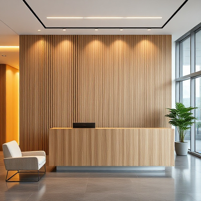 Meşe lambiri duvarlı modern ofis resepsiyonu