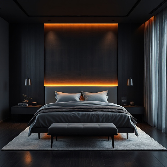 Antrasit lambiri duvarlı minimal yatak odası
